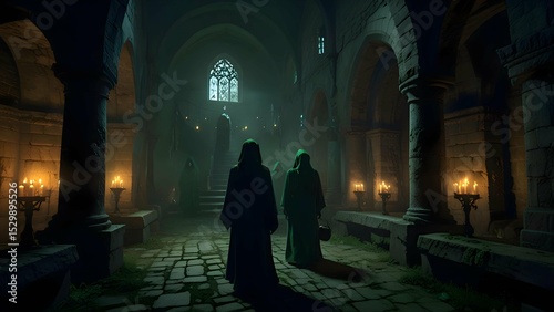 A dark, candlelit crypt beneath a crumbling castle. A coven of witches in tattered robes chant around a glowing cauldron, their faces obscured by hoods. Eerie green mist swirls around ancient pillers.