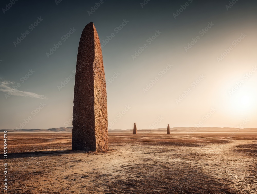 Fototapeta premium Two tall, slender stone structures stand in a vast, dry landscape.