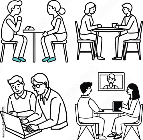 Two men sitting at a table with a laptop in front of them
vector illustration people at a table, icon
