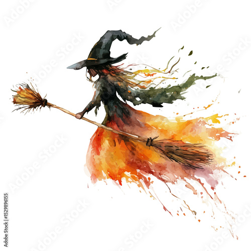 Halloween Witch Flies Broomstick, watercolor illustration vector, isolated on a white background.