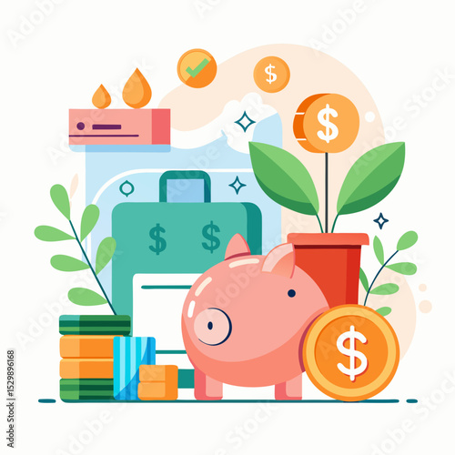 World Savings Day Piggy Bank and Money Vector Illustration on White Background