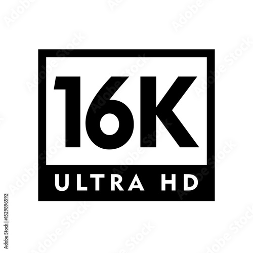 Sixteen k ultra hd resolution logo in a black square with white text and high definition technology