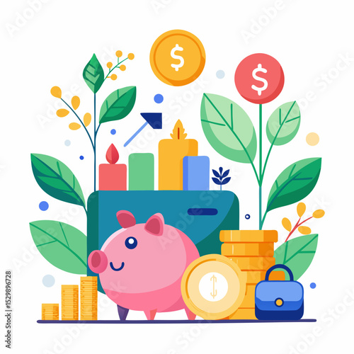 World Savings Day Piggy Bank and Money Vector Illustration on White Background