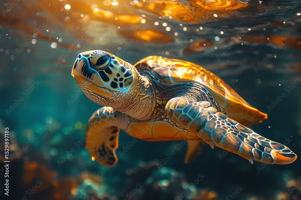 Fototapeta premium A majestic turtle glides effortlessly through crystal clear water, showcasing vibrant colors and serene movements, representing the tranquility and beauty of underwater life.