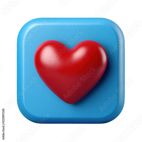 3d red heart on a blue rounded square isolated on transparent background
