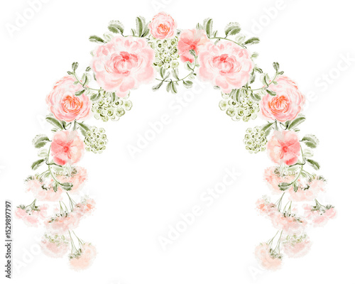 Cuadro en lienzo Watercolor floral arch with pink roses, peonies, and miniature roses