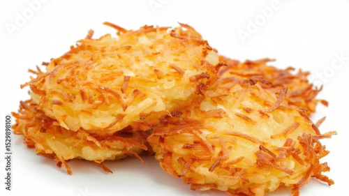 A plate of crispy hash browns served on a clean white background