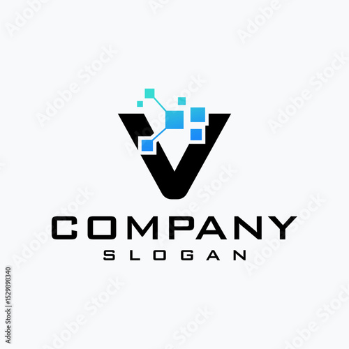 Initial Letter V Logo. Geometric Shape with Square Pixel Dots isolated on Black Background. logo for technology business in digital field	