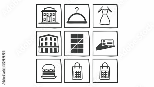 Isolated Outline Graphics for Shopping Malls, Clothing Boutiques, Restaurants, and Credit Card Transactions
