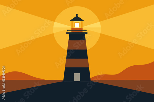 Lighthouse beacon at sunset minimalist illustration