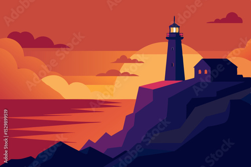 Lighthouse on cliff at sunset ocean view