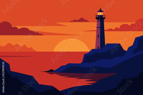 Lighthouse on cliff at sunset seascape