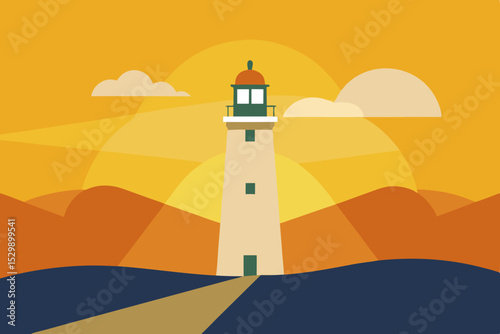 Lighthouse at sunset minimalist illustration