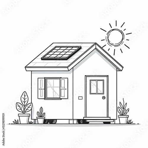 Minimal black and white vector icon of a compact tiny house with solar panel on roof and potted plant outside, sustainable lifestyle concept, line art only, no background