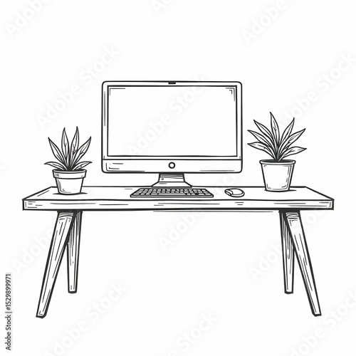 Single black and white vector icon of a clean desk with one monitor, wireless keyboard, and a plant, minimalist work-from-home lifestyle, clean line art, no background