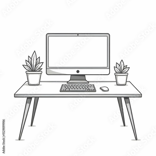 Single black and white vector icon of a clean desk with one monitor, wireless keyboard, and a plant, minimalist work-from-home lifestyle, clean line art, no background
