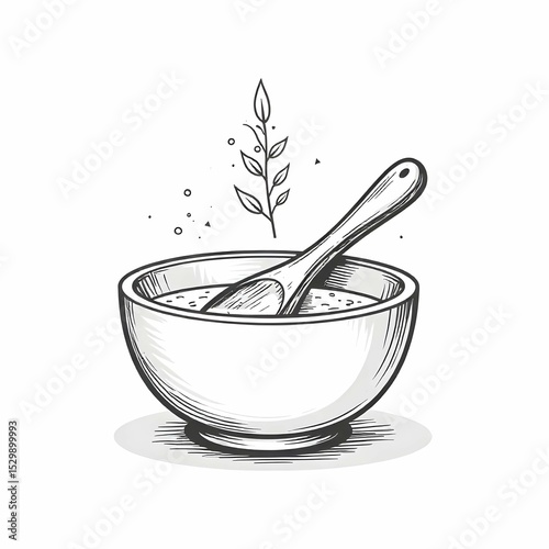 Minimalist black and white vector icon of a small mixing bowl with a wooden spoon, leaf symbol, and a dropper bottle, natural skincare lifestyle, line art, no background
