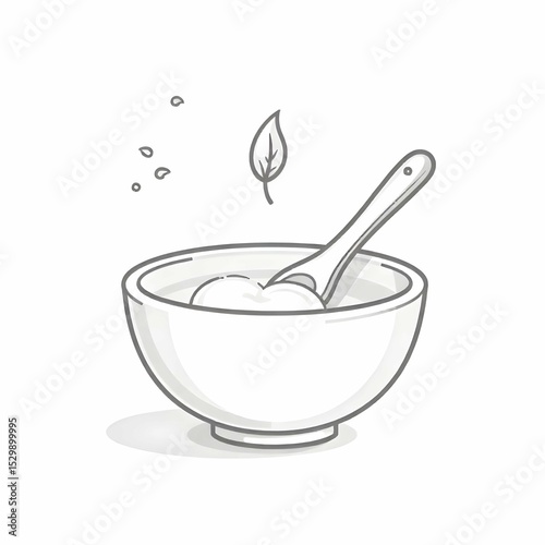 Minimalist black and white vector icon of a small mixing bowl with a wooden spoon, leaf symbol, and a dropper bottle, natural skincare lifestyle, line art, no background