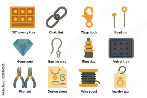 Jewelry making tools collection: clasp hook, chain link, ring size guide, gemstone, earring wire