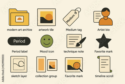 Creative icon set for art and design applications featuring various tools and symbols
