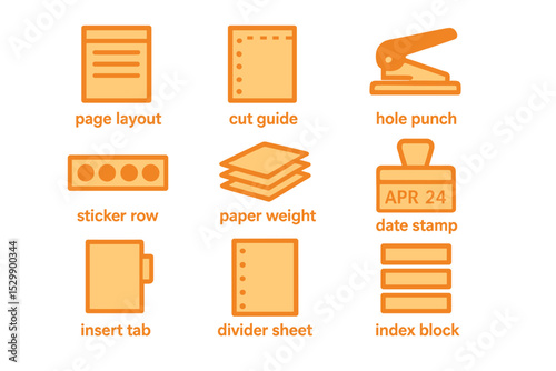 Office document icons: layout, cut guide, hole punch, sticker row, paper weight, date stamp