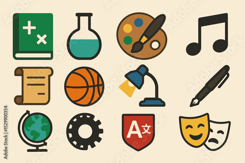 Educational icon set featuring math, science, art, music, language, sports, and theater symbols