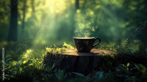 A steaming cup of tea sits on a mossy tree stump in a sunlit forest.