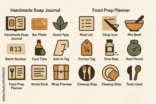 Handmade soap journal and food prep planner icons for organizing diy projects