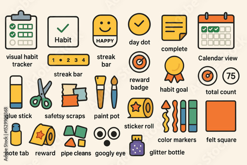 Colorful habit tracker icons with tools for crafting and organization