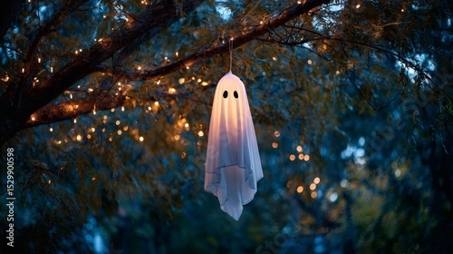 Eerie Ghostly Figure: A spooky specter hangs from a tree branch, glowing softly amidst twinkling lights for a hauntingly enchanting night.