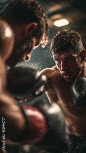 Intense boxing match showcasing athleticism and determination with sweat flying, two boxers face off in a dimly lit ring.