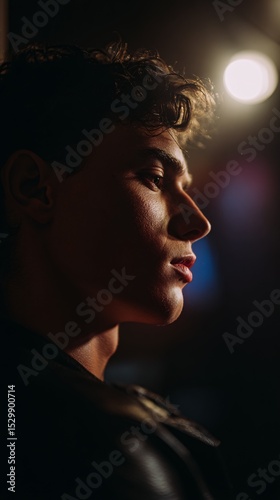 Contemplative Young Adult in Leather Jacket Ponders in Dimly Lit Setting