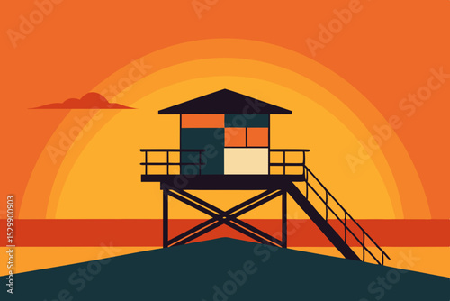 Beach lifeguard tower sunset minimalist illustration