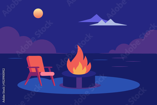 Relaxing night by the lake with a bonfire