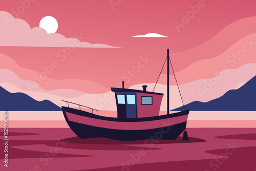 Small fishing boat at sunset in calm waters