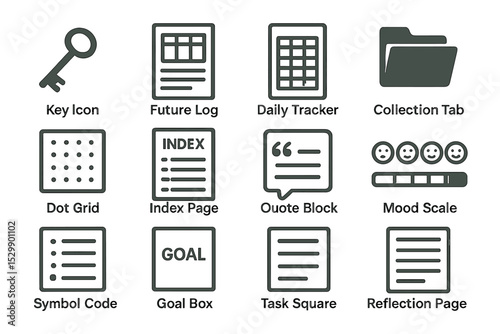 Bullet journal icons set: key, future log, daily tracker, collection tab