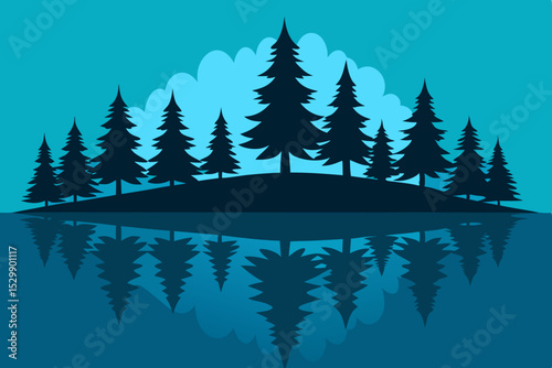Silhouette of pine trees reflected in water