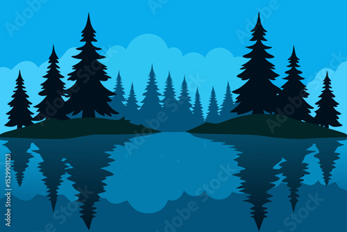 Silhouette of pine trees reflected in calm water