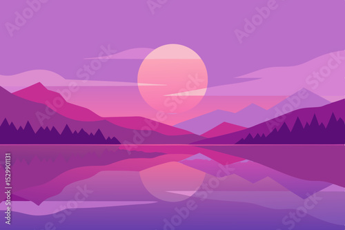 Pink sunset over mountains and lake reflection