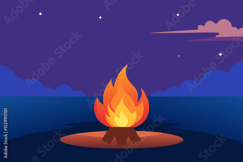 Nighttime campfire by the sea under stars