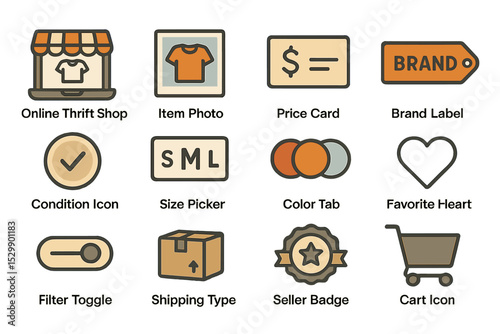 E-commerce icon set with shopping cart, price card, and brand label