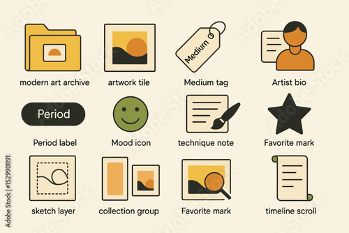 Creative icon set for art and design applications featuring various tools and symbols