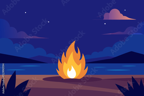 Campfire by the lake at night