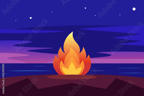 Nighttime campfire by the ocean under stars