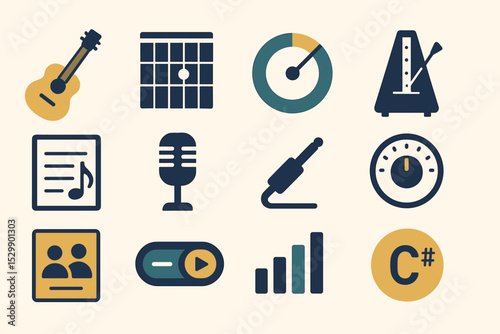 Musical instrument icons featuring guitar, microphone, metronome, music notes, amplifier