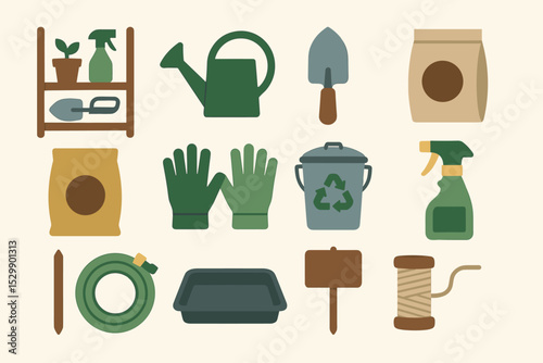 Garden tools and supplies icons: watering can, gloves, recycle bin, spray bottle, trowel