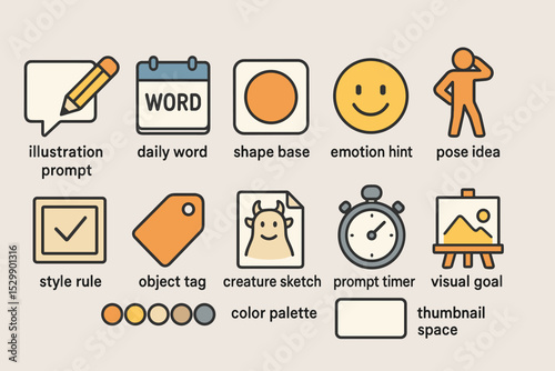 Creative illustration tools and symbols for art inspiration and planning