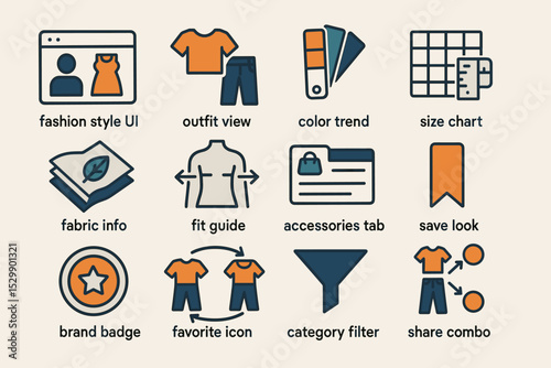 Fashion style icons illustrating outfit view, color trend, and fit guide features