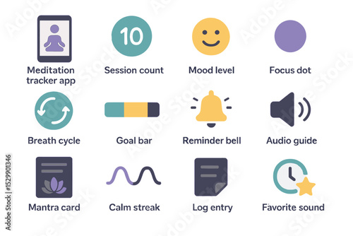 Meditation app interface with icons for mood, session, and reminders