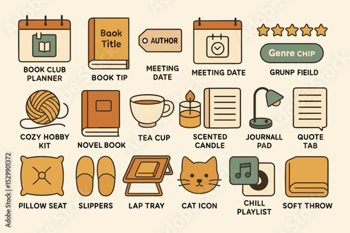 Illustrated icons of cozy leisure activities and items for home relaxation